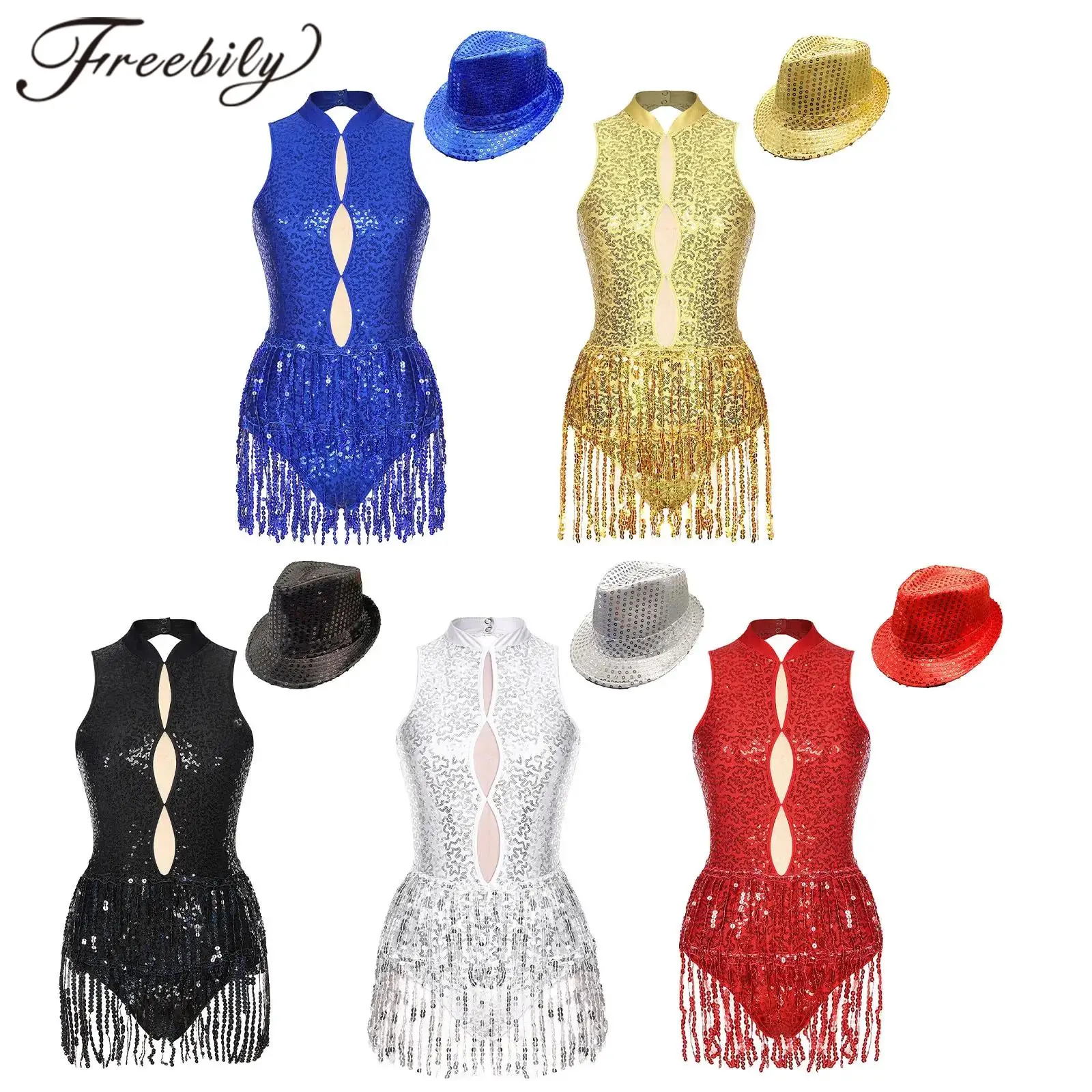 

Womens Sleeveless Latin Dance Fringed Leotard Dancewear Woman Sequins Tassel Bodysuit with Hat for Dancing Competition Chacha