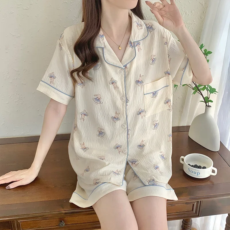 Pyjamas Women's Clothing Summer Short Sleeve Cardigan Chest Pads New Thin Home Loose Casual Soft High Quality  Cool Skinny Sweet