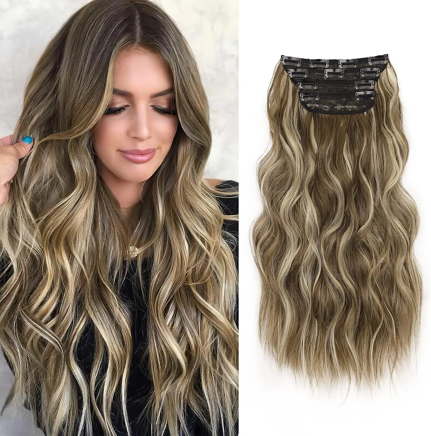 Long Wavy Natural Synthetic  Hair Extension Blonde Black 4 Clip Invisible Wire Hair Extensions for women