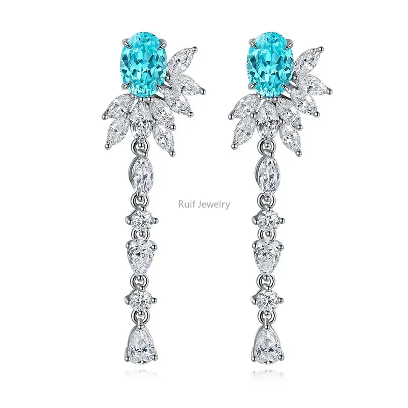 Ruif Real 925 Silver 2.66ct Lab Grown Paraiba Earrings for Women 2023 Trending Girl Engagement Party Luxury Jewelry