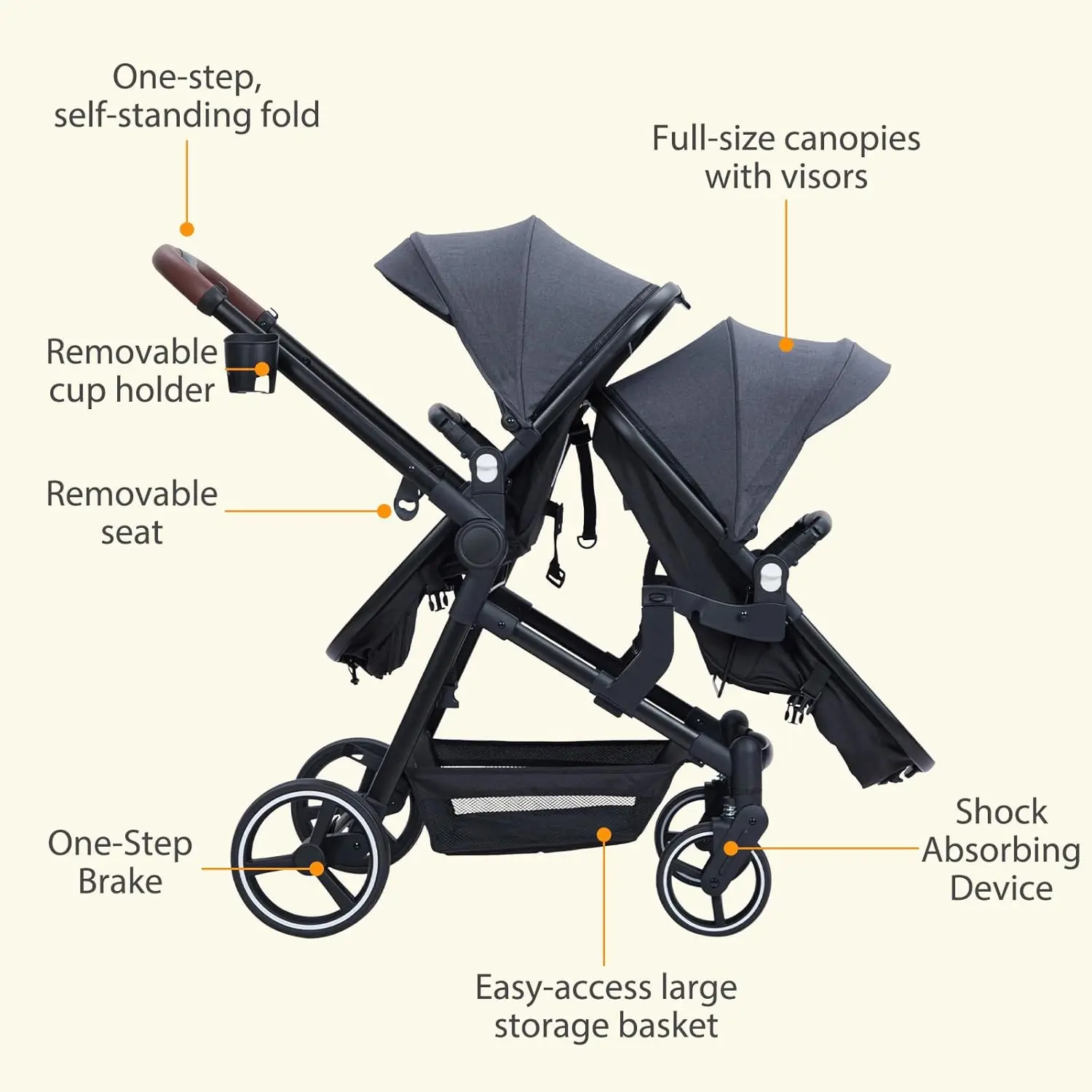 Double Track Tandem Stroller, Foldable Bassinet Pram for Infant and Toddler, Multi-Position Reversible Pushchair