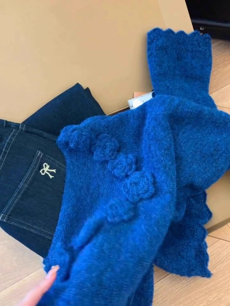 المرأة خريف شتاء جديد كسول قاع بلوفر مغزول Y2k فضفاض كم طويل بلايز الأزرق ثلاثية الأبعاد زهرة سترة برقبة على شكل v #5