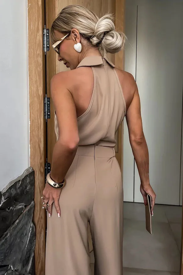 Dames halter jumpsuit nek revers off-shoulder mouwloze lange jumpsuit ritssluiting aan de achterkant hoge taille wijde pijpen jumpsuit