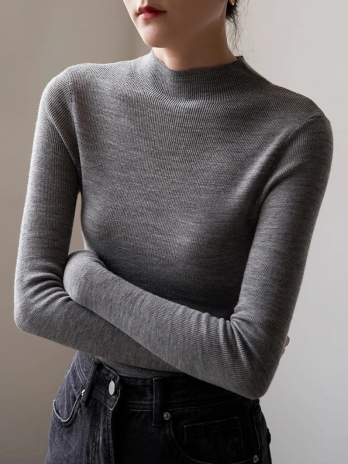 

Autumn Korean Half-high Neck Base Layer Sweater Top Women Solid Color Minimalist Loose Slim Knitted Pullover Casual Office Lady
