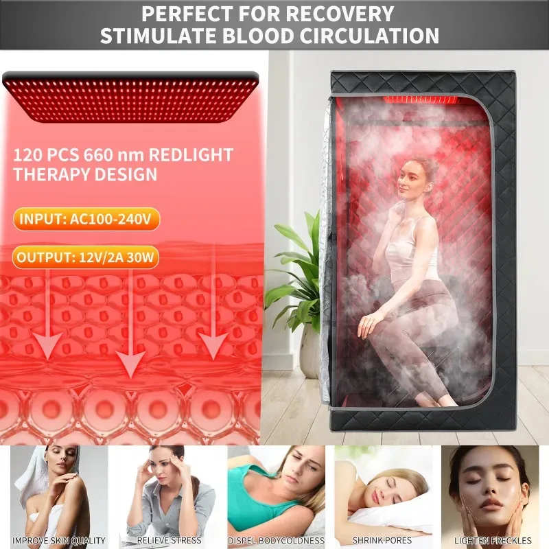 Portable Full Body Steam Sauna with 660nm Red Light Therapy 4L Capacity Folding Chair Included Home Spa Relaxation Device