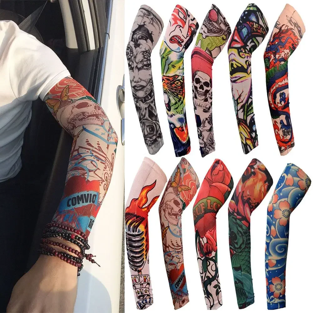 Mangas de brazo de tatuaje de flores sin costuras para montar al aire libre, protector solar, calentadores de brazo de protección solar Uv para hombres y mujeres, nuevo