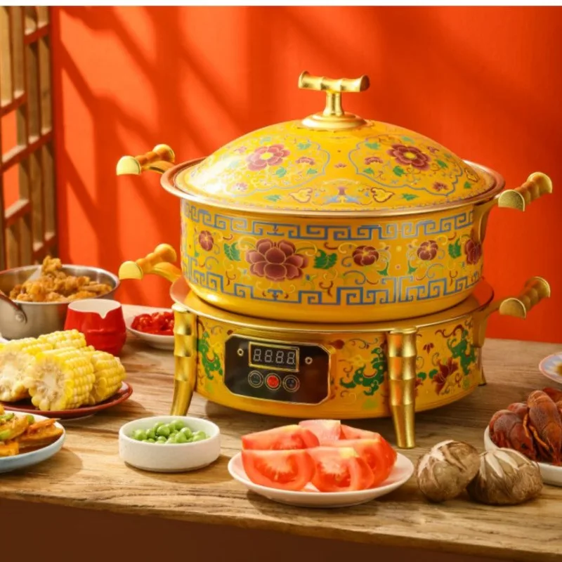 Copper hot pot old-fashioned household old Beijing brass enamel hot pot double-layer commercial plug-in mutton shabu copper pot