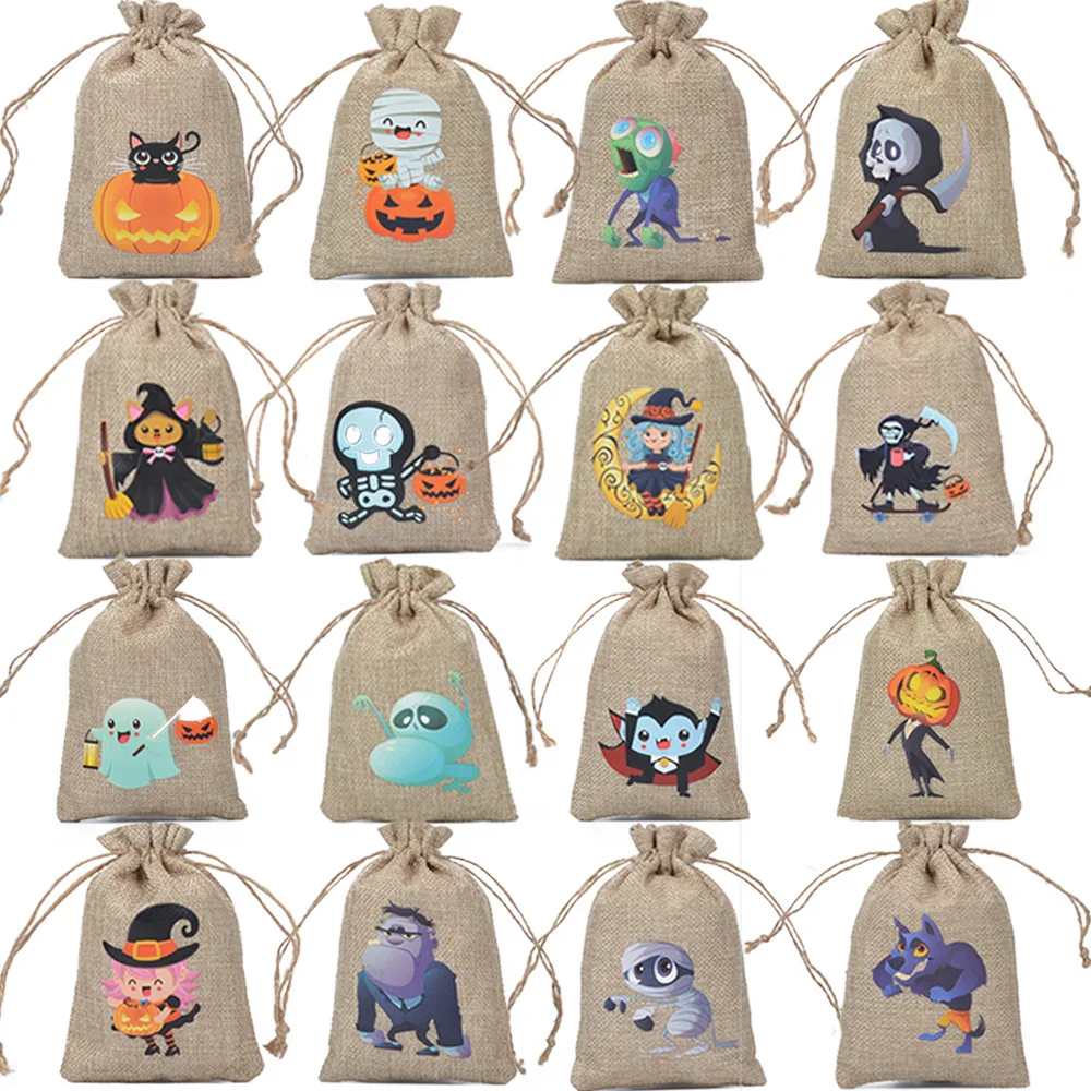 20pcs/Lot Drawstring Linen Bags Children's Pouches Candy Cookie Chocolate Packaging Night Reflective Luminous Halloween Bags