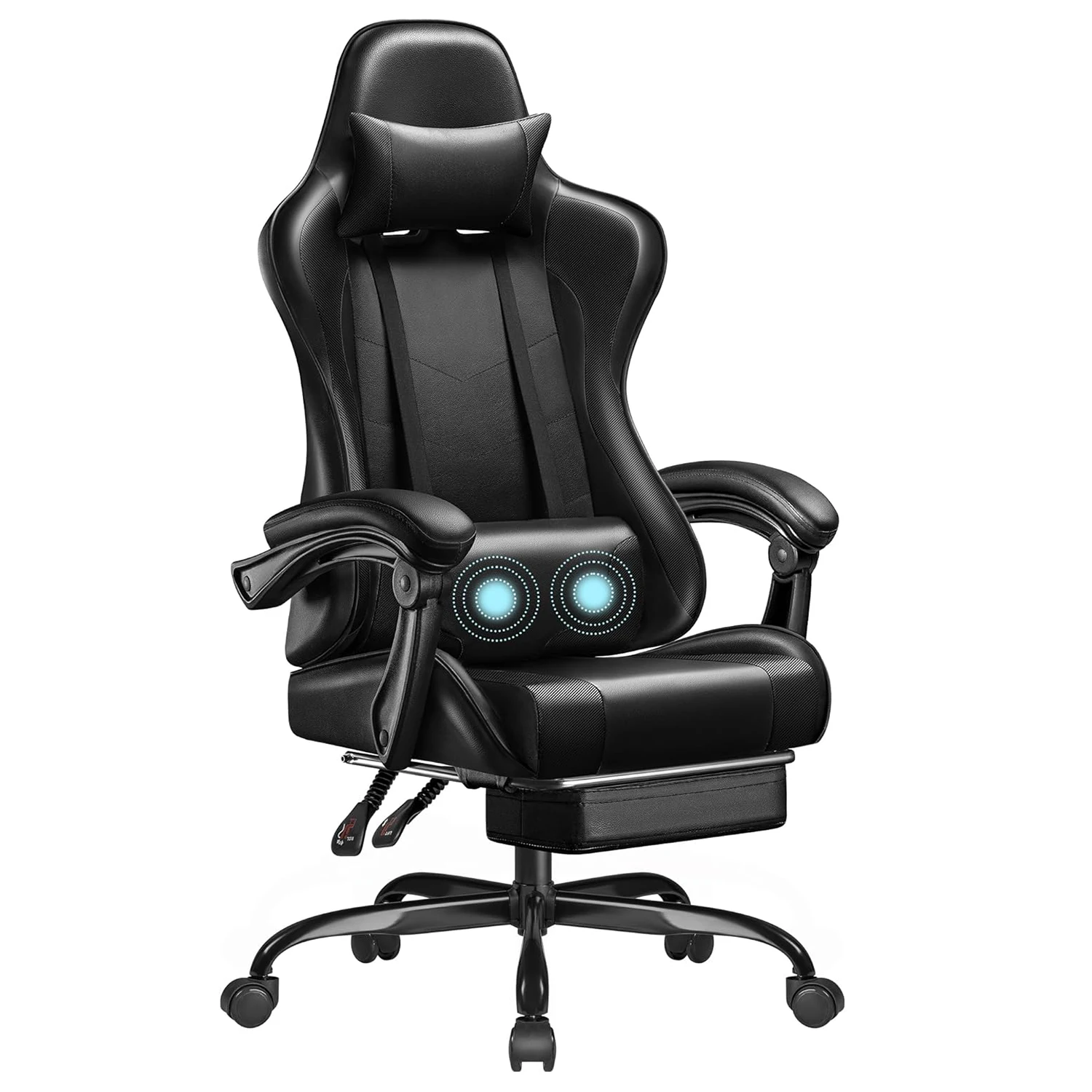 

Игровое кресло с подставкой для ног и массажной поясничной опорой, эргономичное компьютерное кресло с регулируемой высотой (черное)