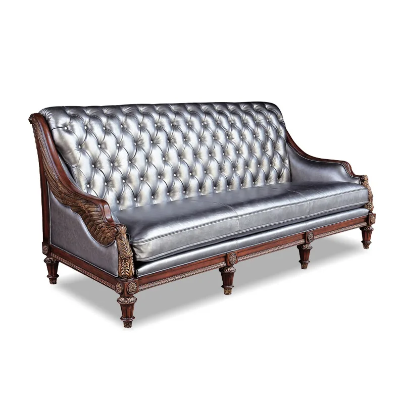 

European leather art sofa living room mahogany carving sofa 123 combination buckle design sofa furniture