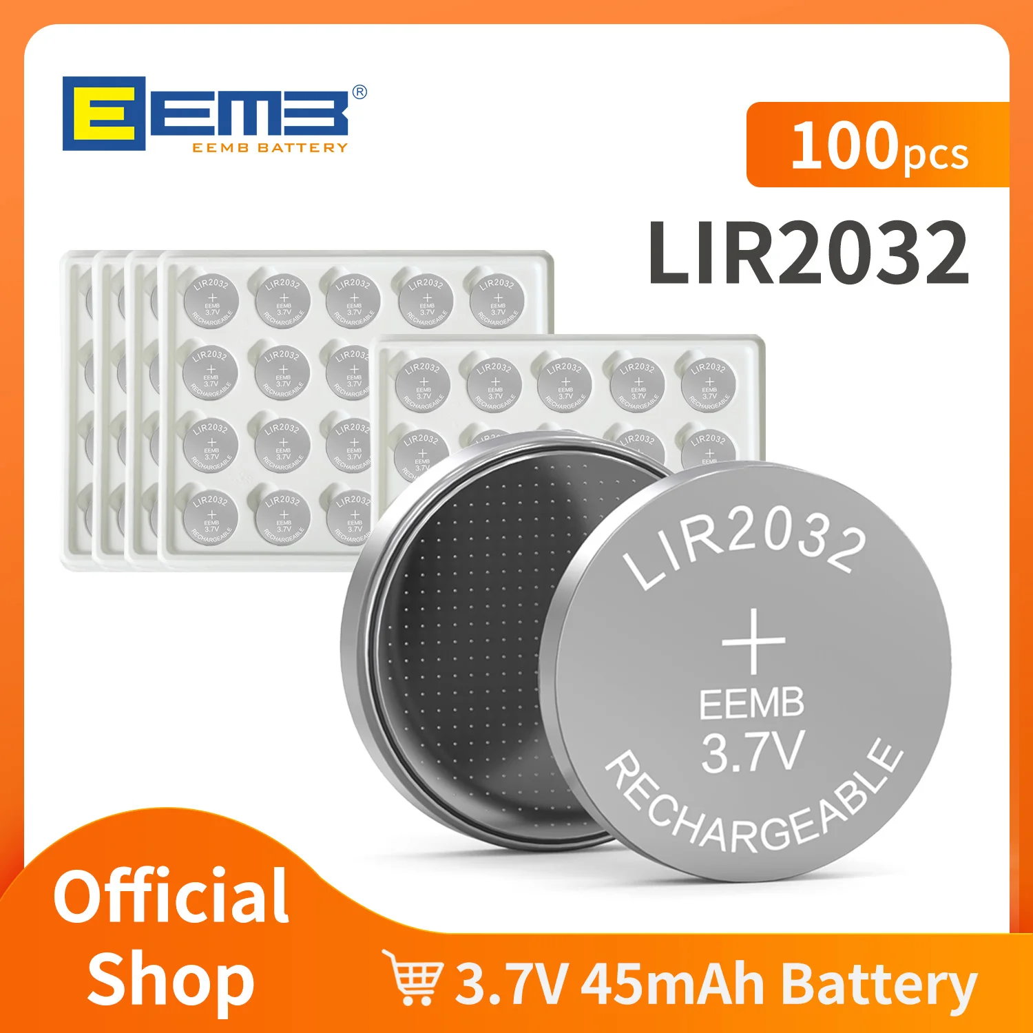 

EEMB 1000~30PCS LIR2032 Rechargeable Battery 2032 3.7V Button Lithium Battery 45mAh Coin Cell Batteries Large packaging