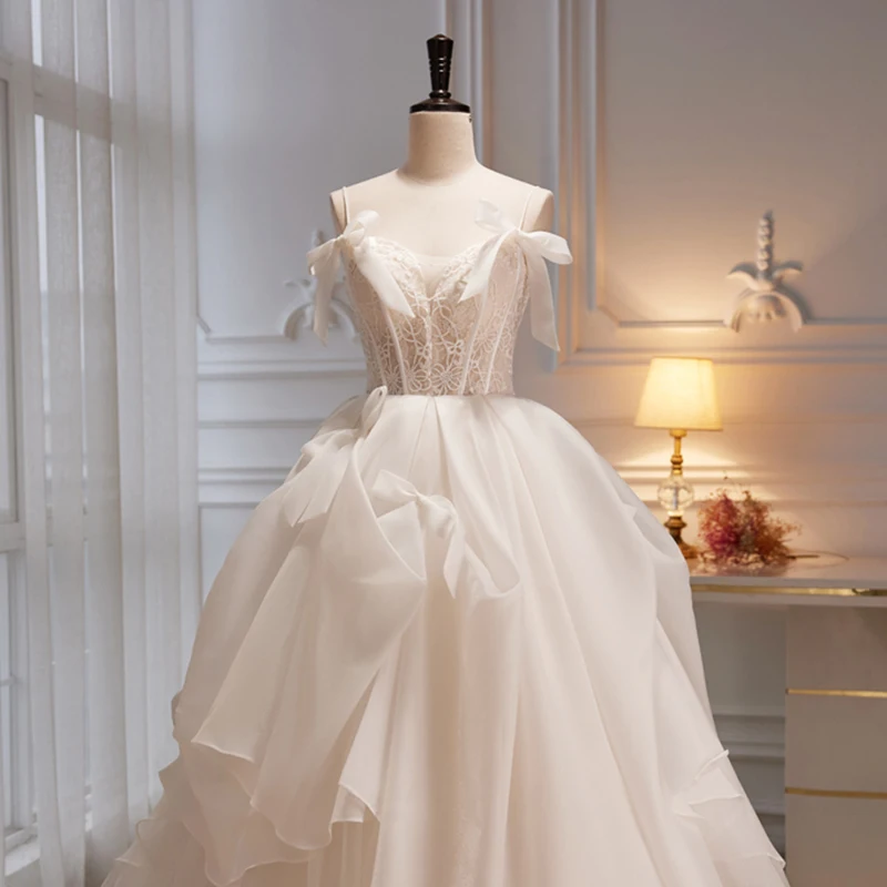 Anxin sh princesa fora branco flor renda vintage cinta de espaguete beading pequeno arco babados vestido de baile vestido de noite personalizado