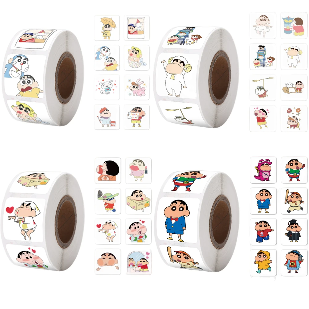 2023 New Crayon Small New Square Sealing Stickers 500PCS/ Roll Coated Paper Self-adhesive Cartoon Children Stickers Wholesale