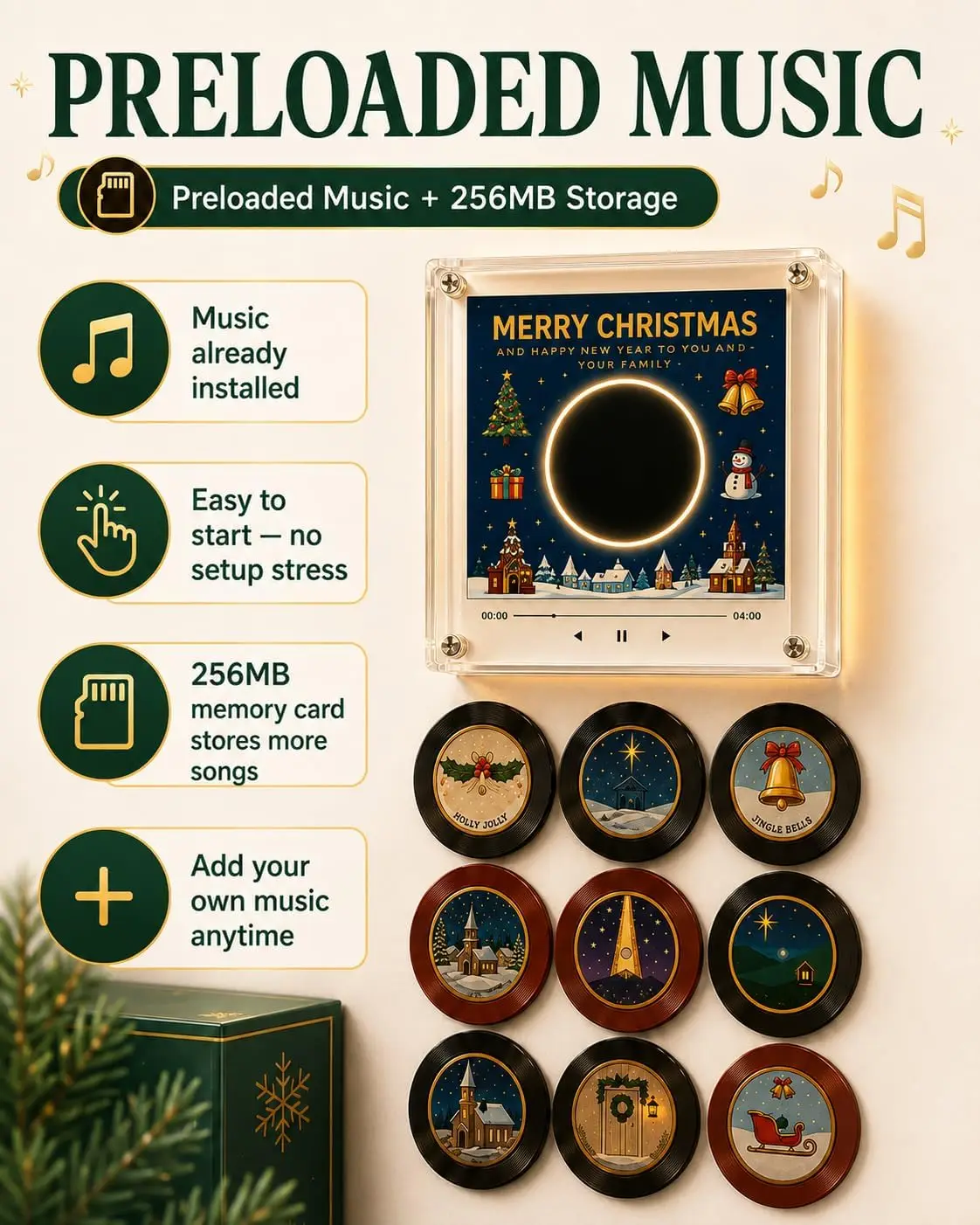 Christmas Vinyl Player Fridge Record NFC Magnetic Music Box Set, Jingle Magnets, 9 Programmable Vinyls,Retro LED Desk Decor Gift