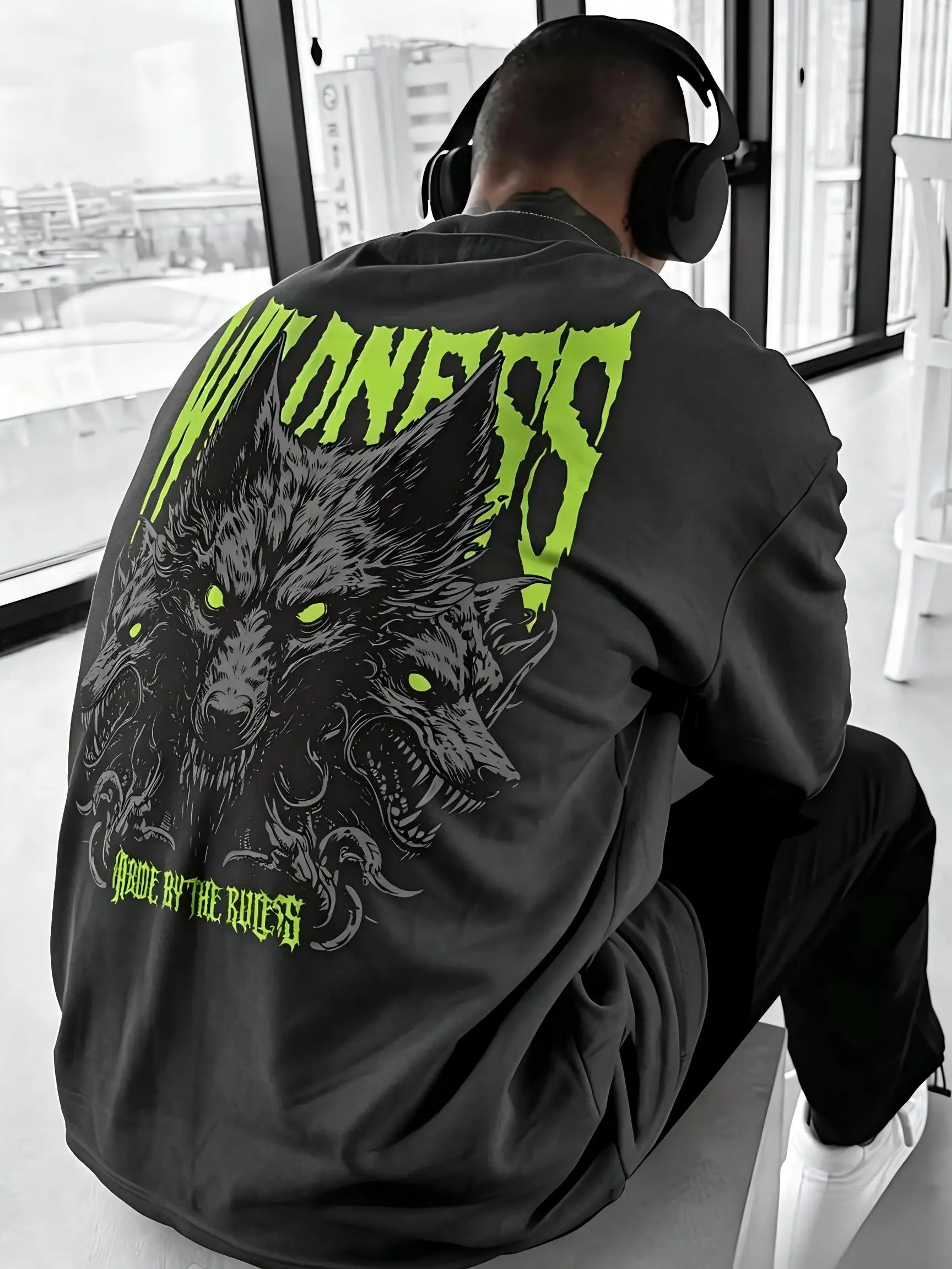 European and American men's summer Hell Wolf letter print micro elastic breathable round neck T-shirt outdoor street top