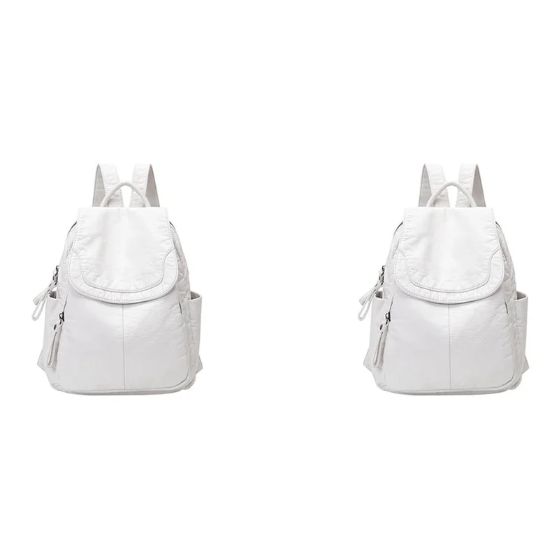 【SEE】2X Borsa da scuola casual in morbida pelle da donna Zaino in pelle lavata Borsa da viaggio piccola per ragazza-Bianco