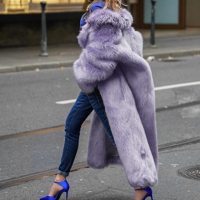 

Women Thick Faux Fur Jacket Work Y2k Autumn Winter Maxi Coat Long Warm Luxury Belt Fur Purple Parkas Bontjas Furry Outerwear