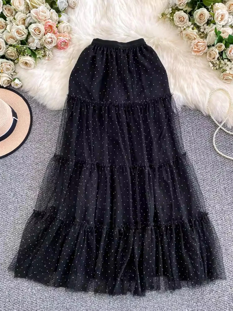 

REALEFT винтажные сетчатые юбки для женщин, новинка 2026, весна-лето, элегантные однотонные повседневные женские юбки средней длины с высокой талией