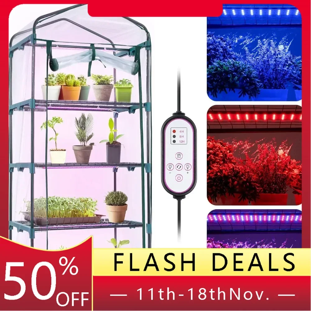 4-layer Mini Greenhouse, Indoor Greenhouse with Growth Lights, Equipped with Roller Shutter Zipper PVC Waterproof Cover and Tray