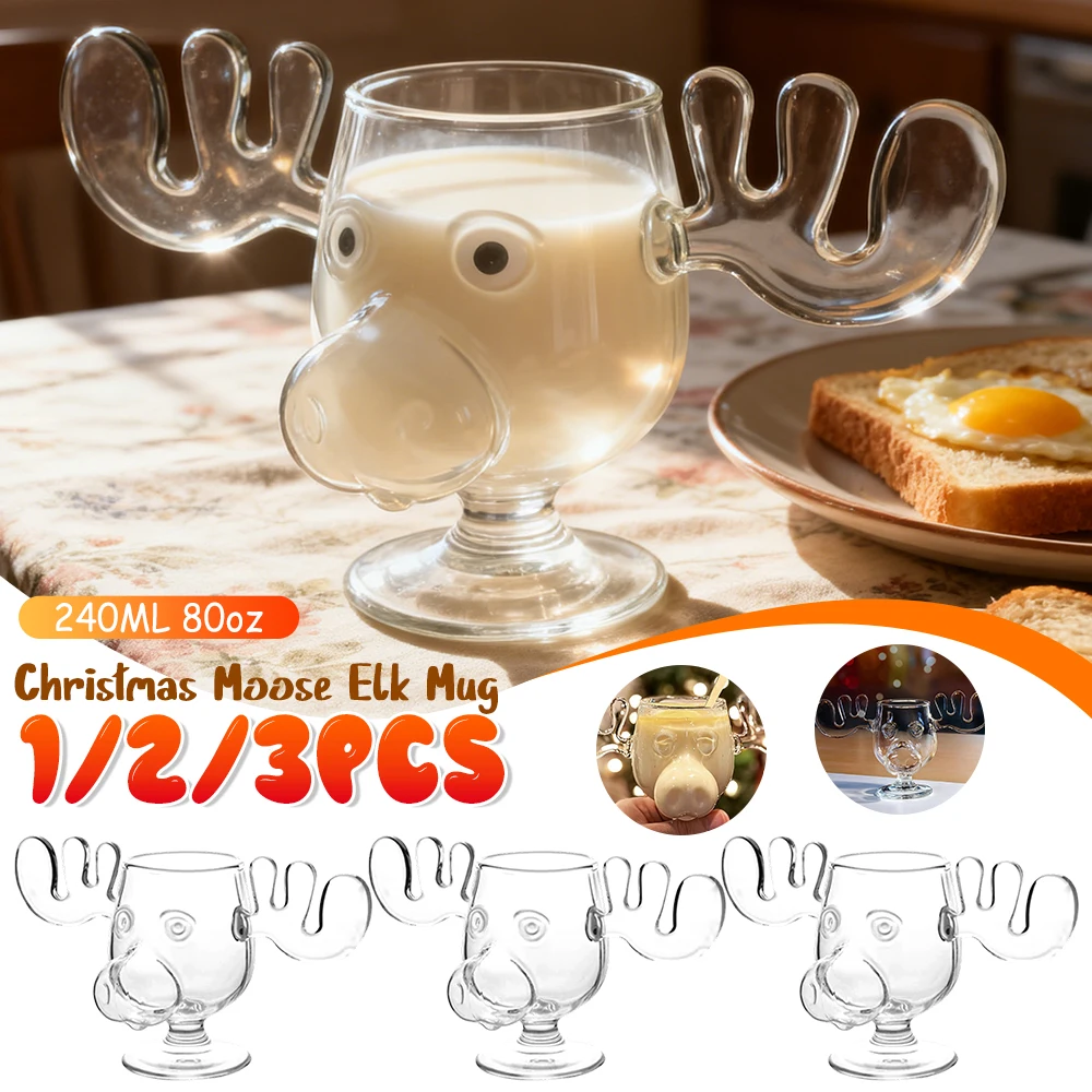 1/2/3PCS Christmas Elk Glass Cup 240ML Juice Milk Moose Mug Christmas Reindeer Head Beer Water Cup Holiday Party Drinkware Gifts