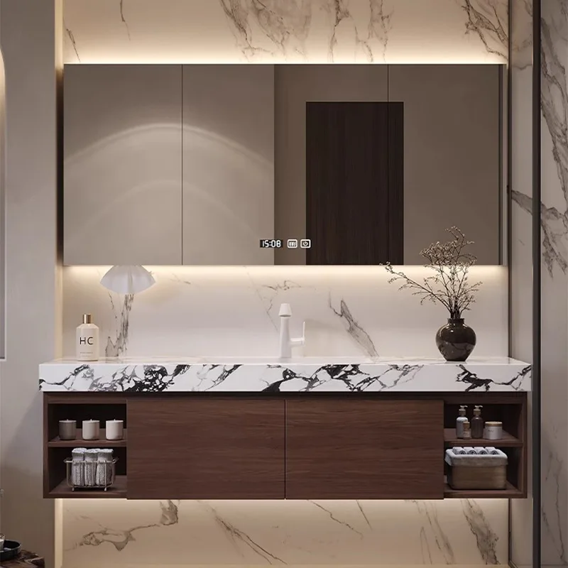 

New Chinese rock slab seamless ceramic basin bathroom cabinet combination toilet face wash basin intelligent storage solid wood