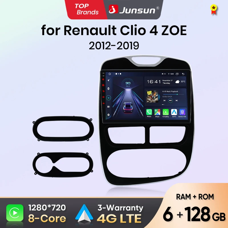 Junsun Android sans fil CarPlay Auto autoradio pour Renault Clio 4 ZOE 2012-2019 systèmes intelligents DSP SWC RDS GPS FM BT