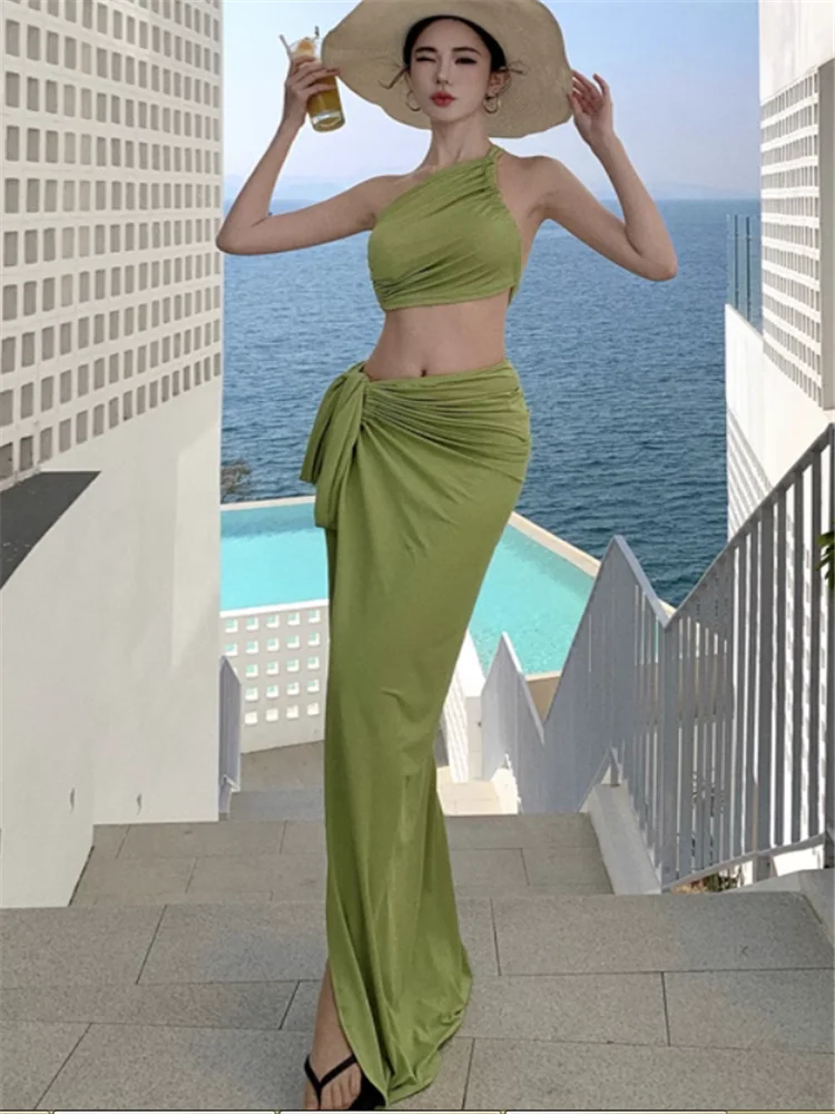 Sexy Summer Vacation Two Pieces Sets Green Fuchsia Irregular Short Camis Vest Top&High Split Long Wrap Skirt Beach 2pc Suits