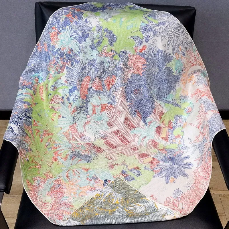 High-end Elegant Women Fine Rainforest Double Sided Print Quality 18MM Twill Silk Hand-rolled Edge Large Square Scarf Shawl