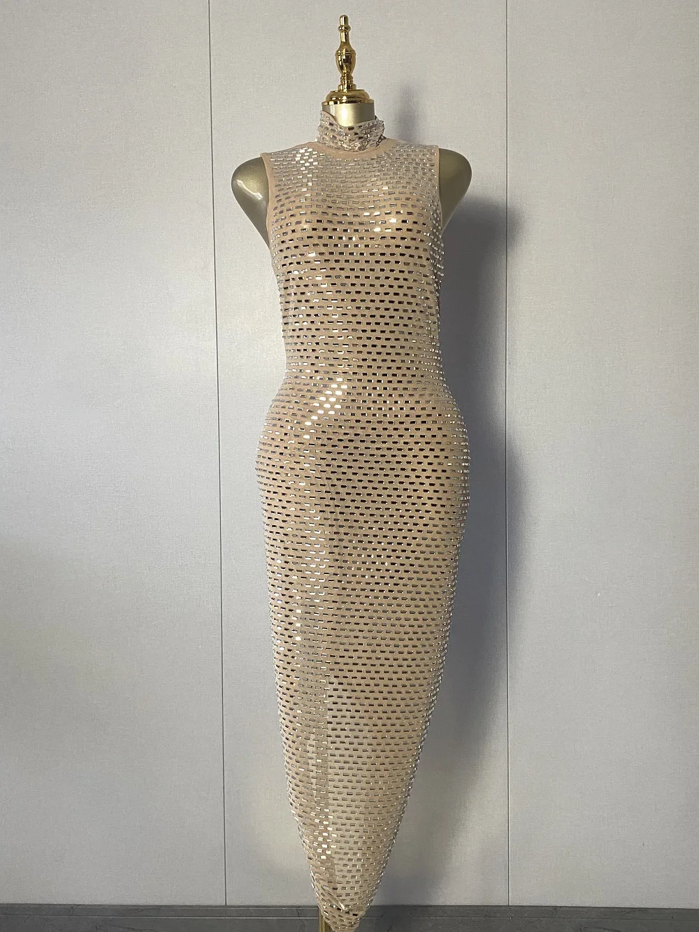 

New Women Luxury Sleeveless Beading Split Apricot Midi Bodycon Dress 2025 Elegant Evening Club Luxury Birthday Party Dresses