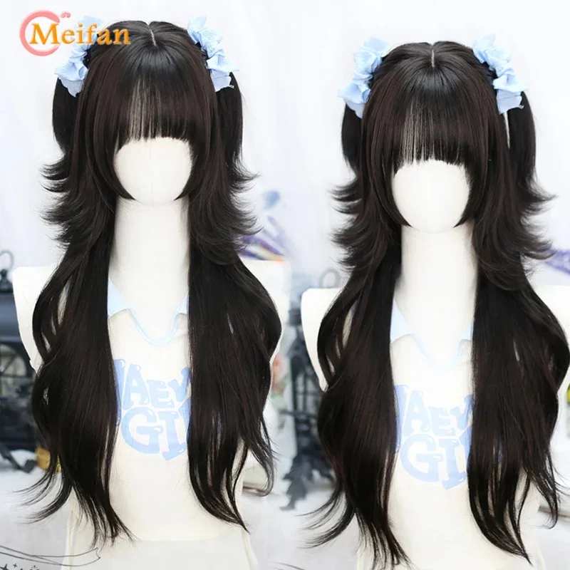 A MEIFAN Long Lolita Ombre Harajuku Wig With Bang Red Blue Wave Curly Cosplay Wig Heat Resistant Synthetic Jellyfish Head Wigs