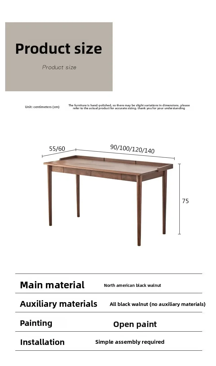 Nordic black walnut writing table Japanese simple cherry wood log computer table study drawer desk