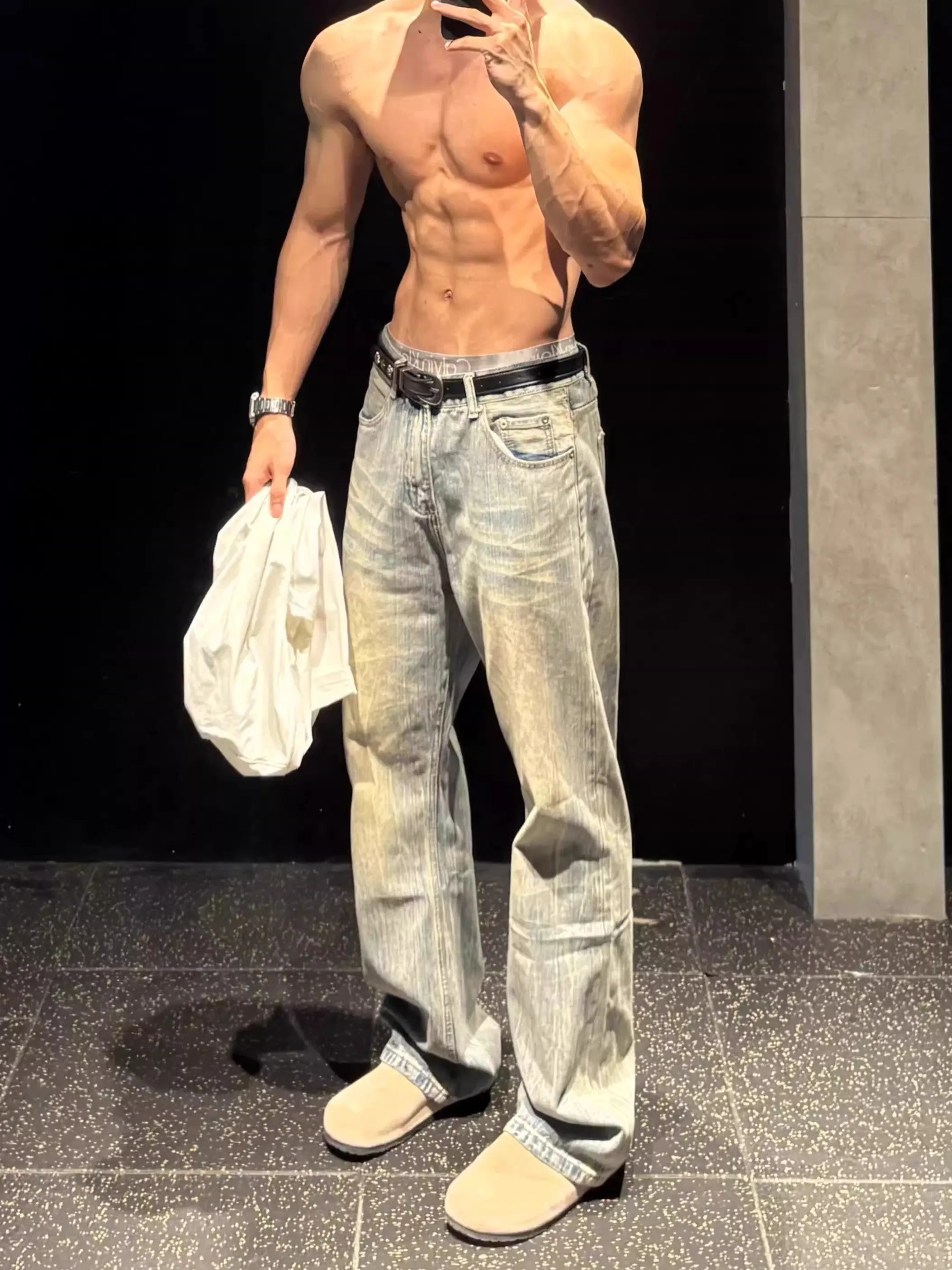 

American Waed Retro Blue Men's Jeans Slim Fit Straight Leg Capri Pants Youthful Sle Spring Season ex Denim Jeans