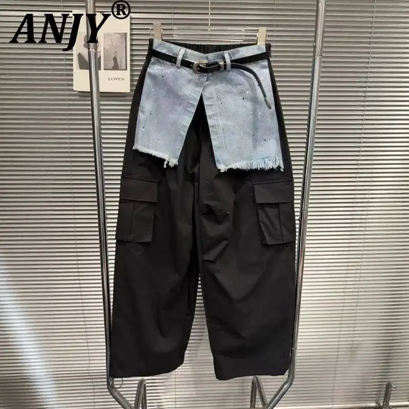 ANJY Spring Autumn New Women Tide Ins Splash-ink Raw Edge Denim Patchwork Pocket Cargo Pants Fashion Loose Casual Bottoms A24935