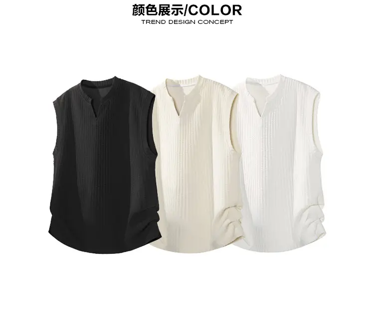 Herren V-Ausschnitt Stehkragen Ärmelloses Tanktop aus Waffelstrukturierter Stoff Locker Sitzend Atmungsaktiv Lässige Alltagsweste Pullover – Detail 4