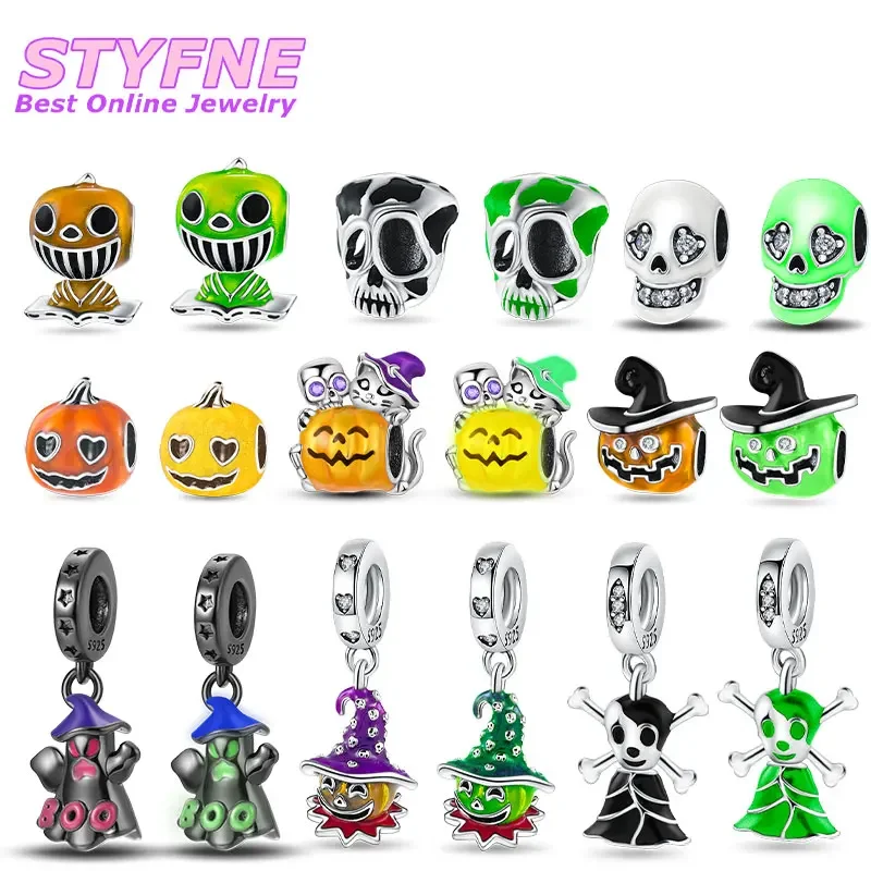 925 Sterling Silver Glow-in-the-dark Spooky Pumpkin Halloween Charm Symbols Beads Fits DIY Bracelet & Bangle Jewelry Anniversary