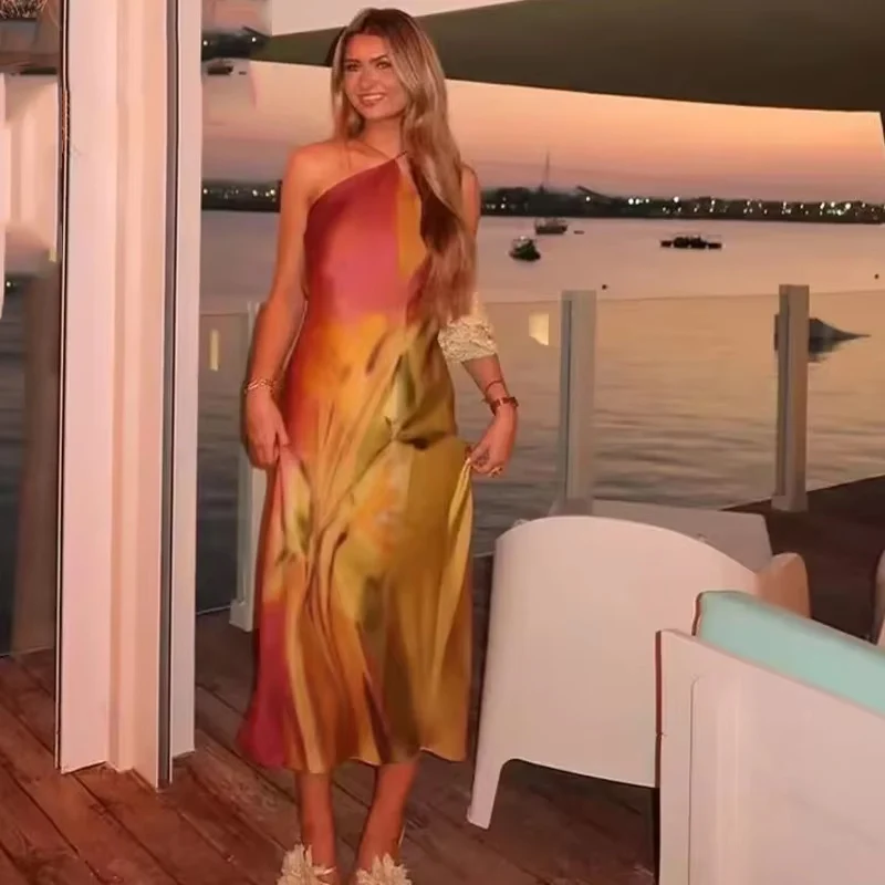 Sukienki damskie HXAO 2024 z nadrukiem, sukienki midi na ramiączkach, letnie sukienki tie-dye, długie sukienki damskie, seksowne sukienki satynowe bez pleców na wakacje