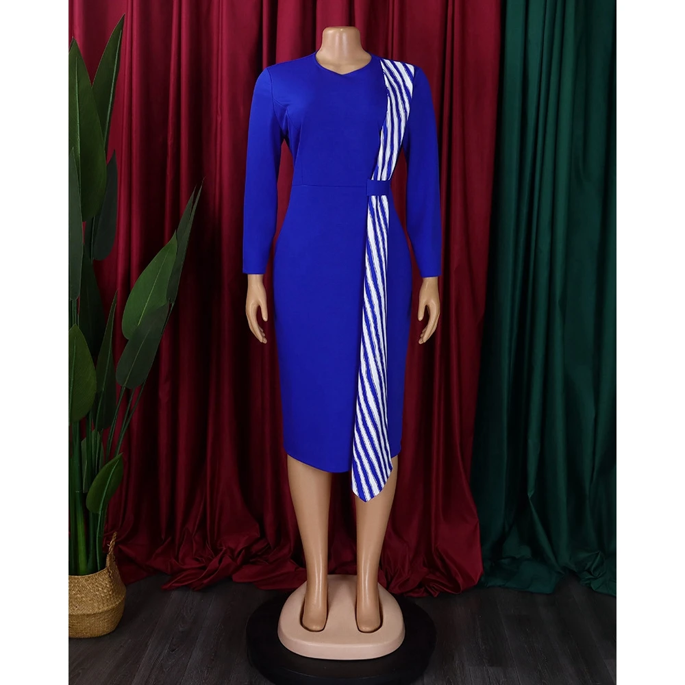 Vestido Midi bodycon manga longa com o pescoço feminino, roupas elegantes de escritório, estampa listrada, bracelete, moda fina para trabalho, verão