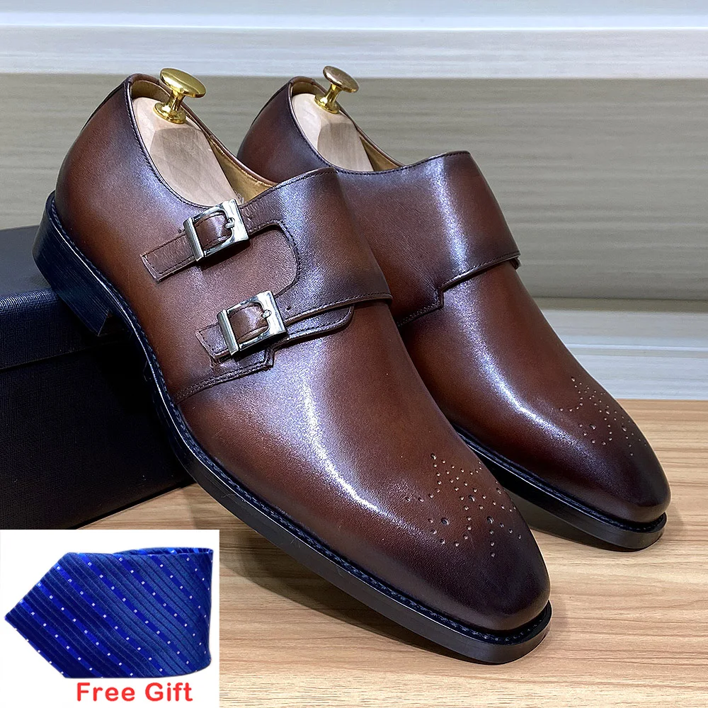 Luxury Men's Monk Strap Dress Shoes Genuine Leather Comfortable Handmade Double Buckle Plain Toe Wedding Business Formal Shoes