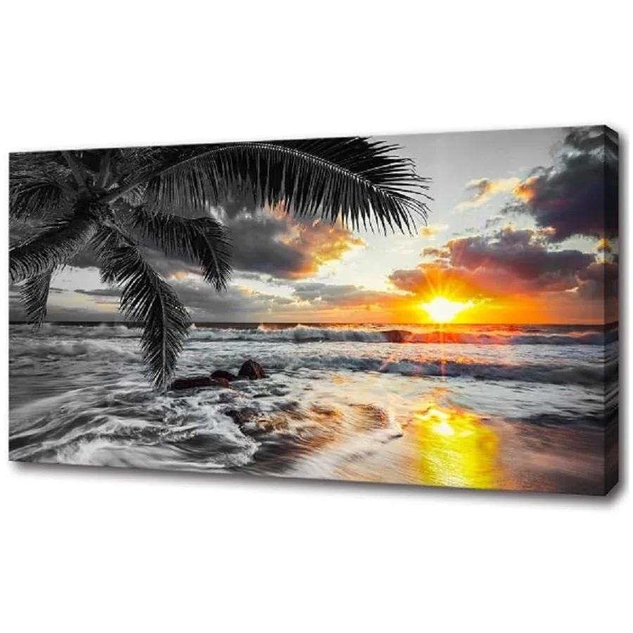 

Пляжный комплект алмазной живописи Черно-белый океан Восход Солнца Вид на море Полная алмазная вышивка Закат Пальма Волна Искусство Домашний декор