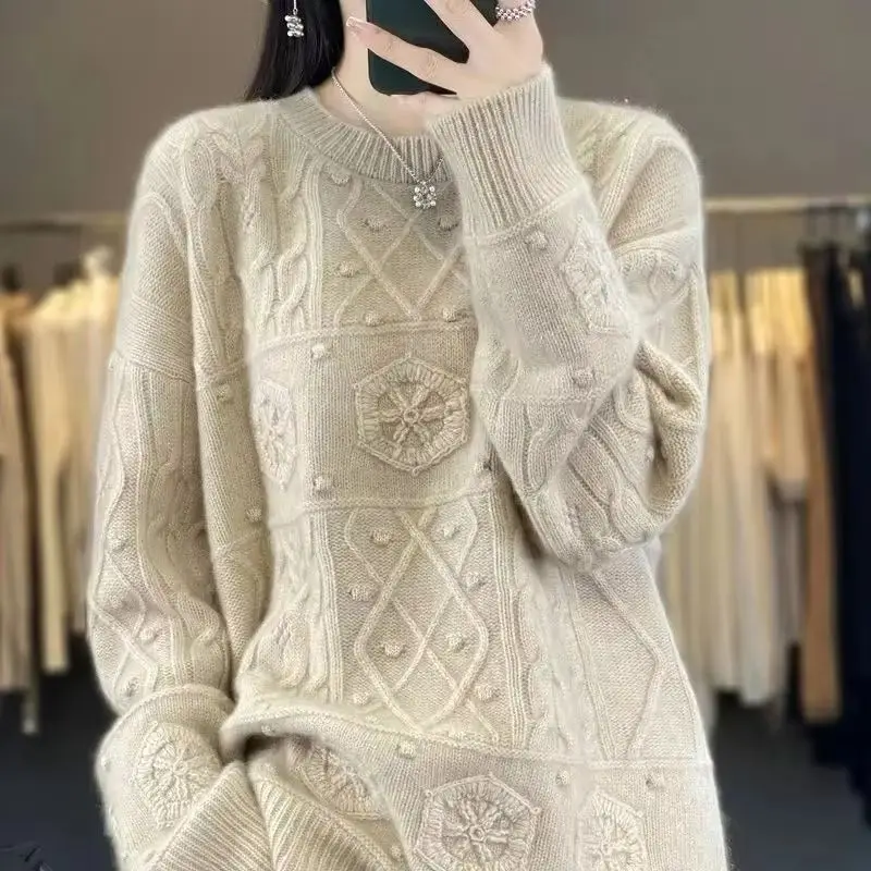 

Осень-зима, новый вязаный свитер с круглым вырезом и вышивкой, женский пуловер, свободный повседневный универсальный свитер, женский джемпер