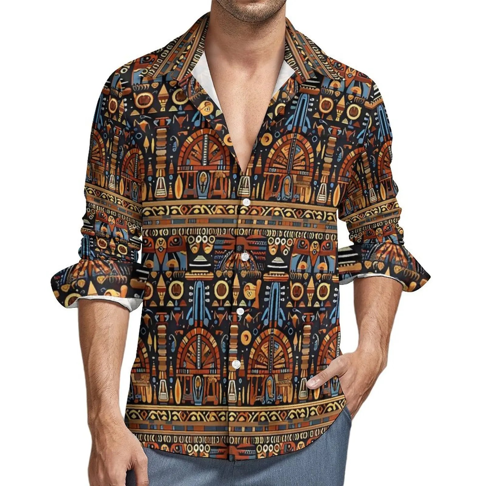 

Ancient Egyptian Art Pattern Blouses Men Shirt Long Sleeve Loose Streetwear Casual Shirts Spring Pattern Clothing Plus Size