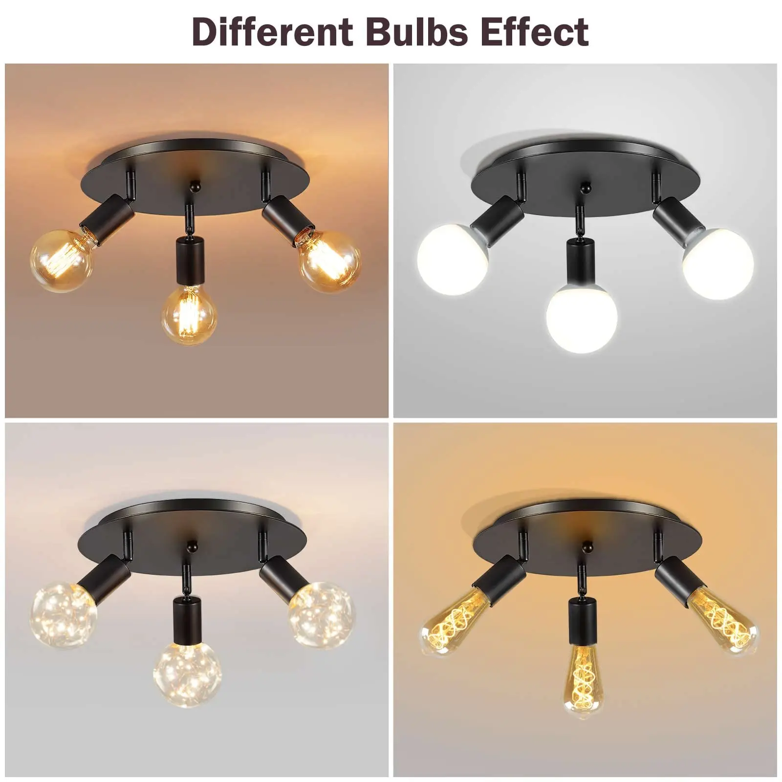 Vintage Ceiling Light 3-Light Rotatable Black Ceiling Spot Lights Adjustable E27 Round Lamp for Kitchen Dining Room Living Room