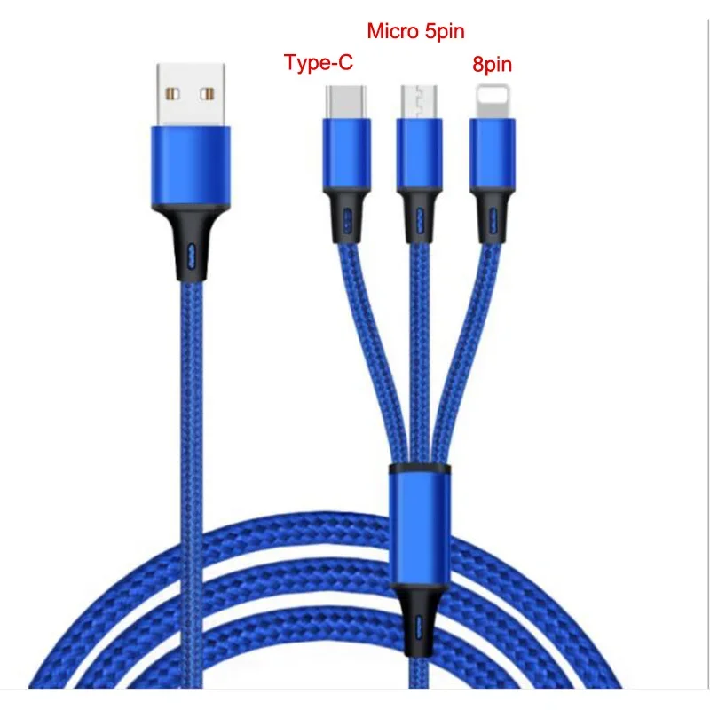 3in1 Fast Charging USB Cord Micro 5pin Type-C 8Pin Lightning Charger Cable For iPhone 11 XR XS Max Xs For Huawei Xiaomi Phone