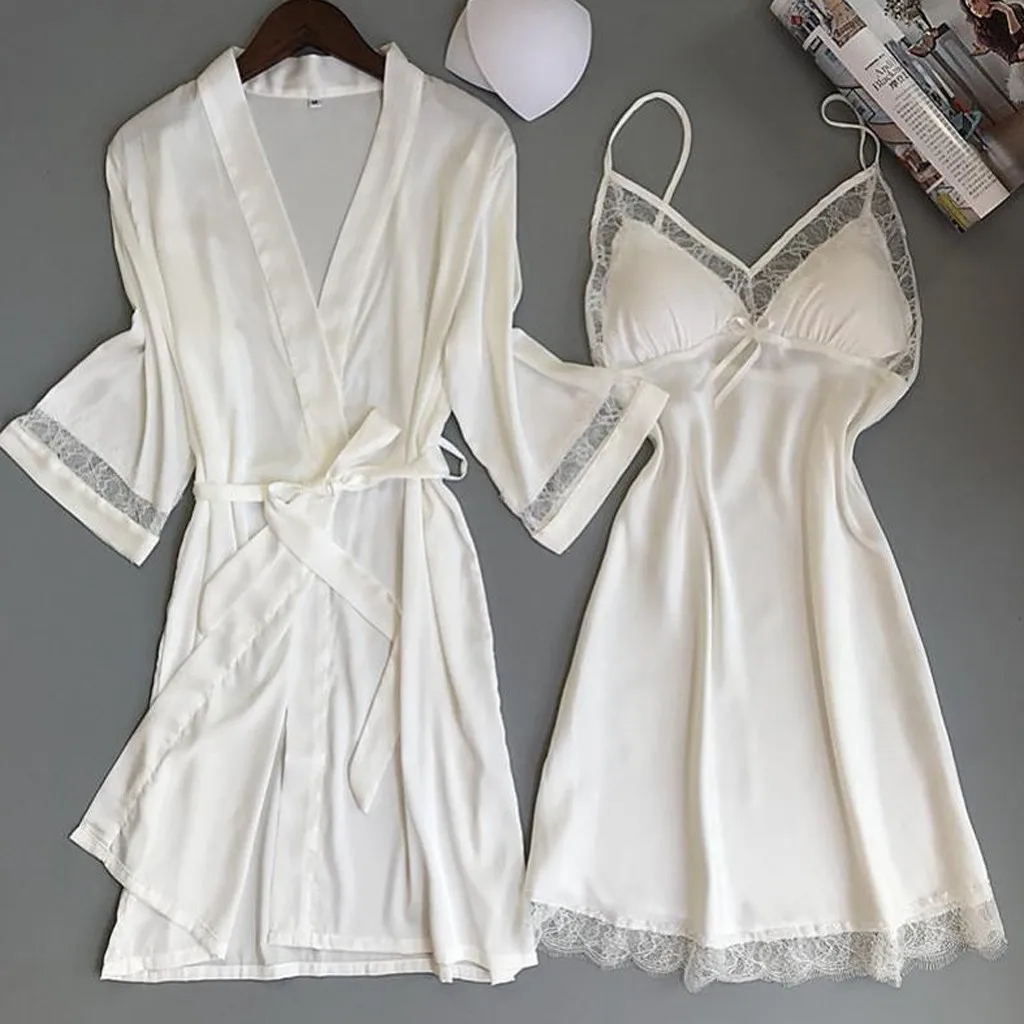 Novo conjunto de duas peças de pijamas de seda de cetim para senhoras cor sólida borda de renda sexy moda robes e suspender sleepwear vestido