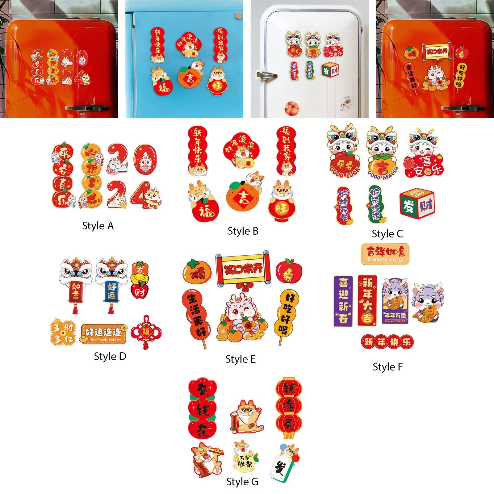 6x 2024 Chinese New Year Refrigerator Fridge Cartoon Ornament for Festival Party