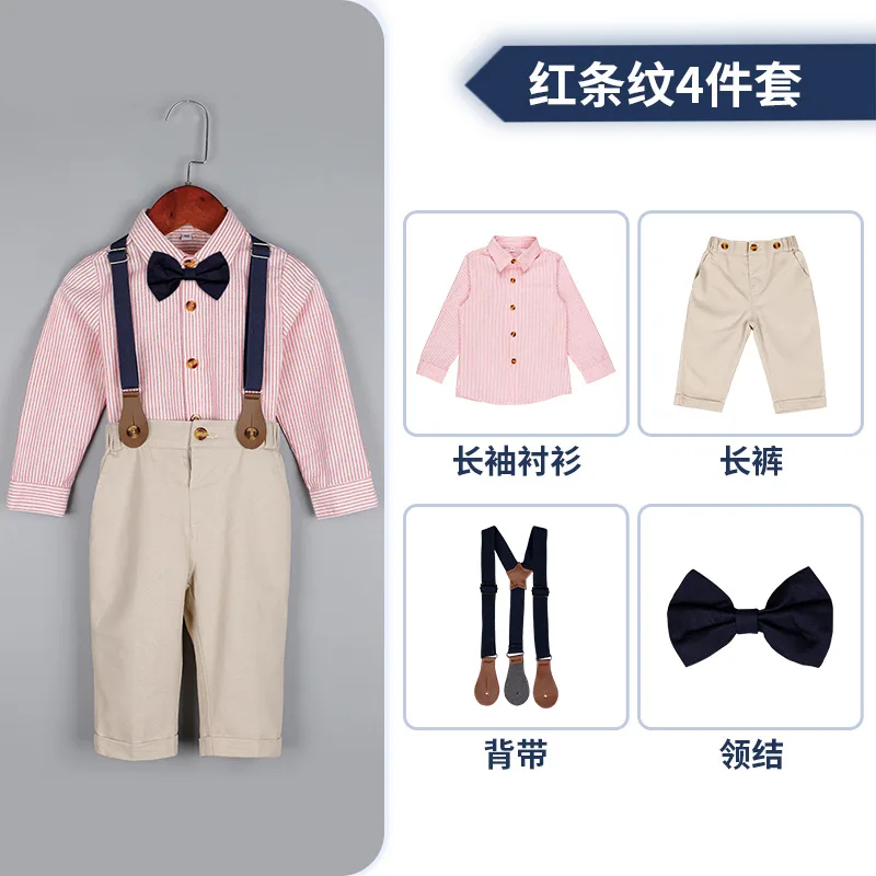 Boys Shirt Suspender Pants Bowtie 4PCS Photograph Set Kids 1Year Birthday Baptism Wedding Suit Children Graduation Party Costume