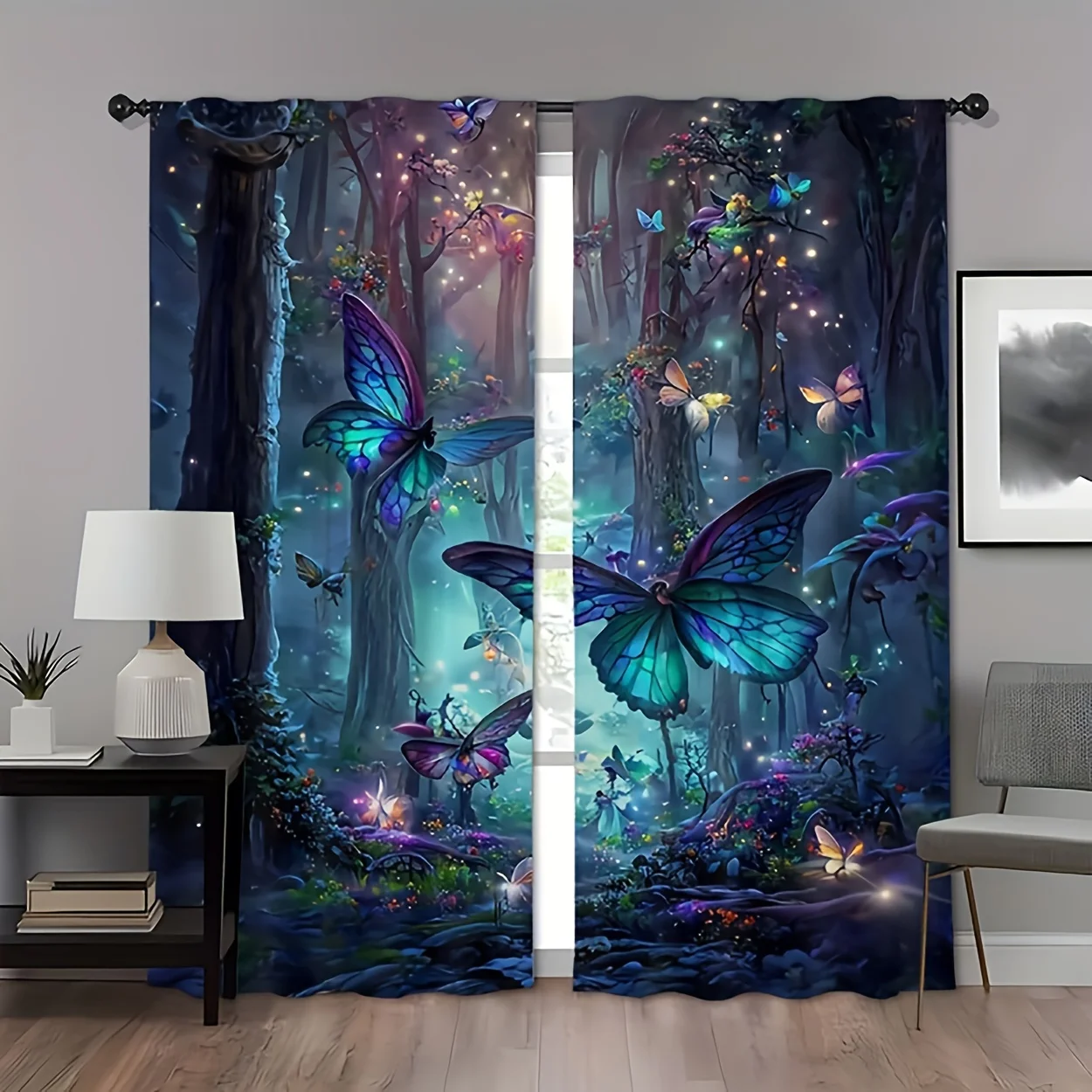 

2pcs Fantasy Butterfly Forest Print Curtains Magical Woodland Pattern Polyester Window Drapes for Living Room Bedroom Decor