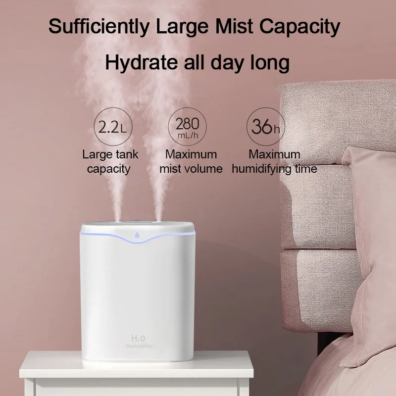 2.2L Dual Head Mist Humidifier, Silent Large Capacity Includes Aroma And Ambient Light, Cool Mist Humidifier For Home