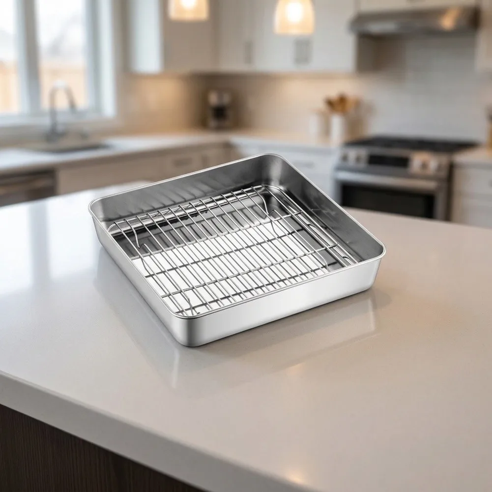 304 Grade Stainless Steel Fryer Tray with Mesh Bottom to Improve Airflow and Reduce Excess Oil During Air Frying Process