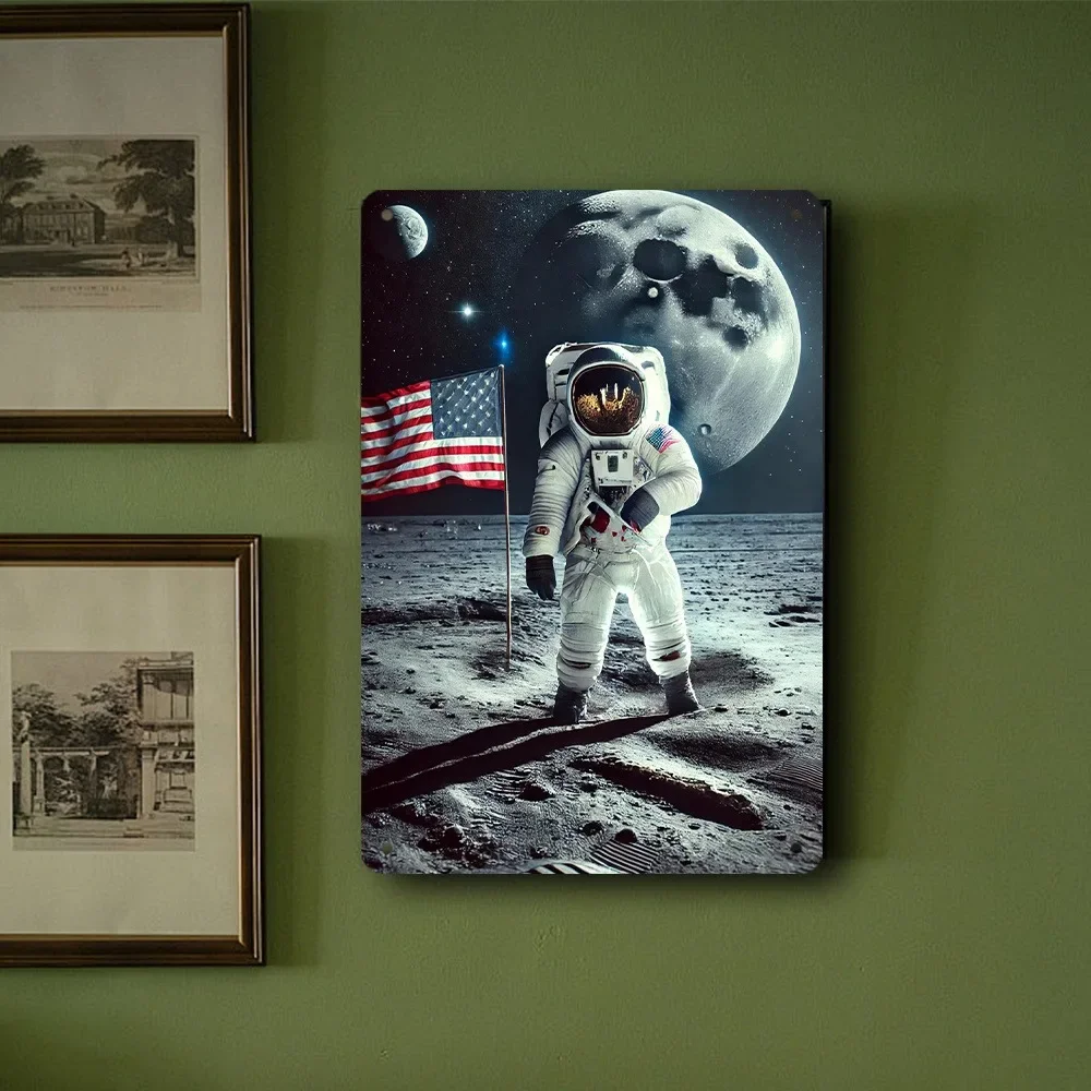 Arte de pared de metal de astronauta y galaxia lunar, 8.0 x 12.0 in, decoración duradera de la bandera de EE. UU., arte pionero espacial para el hogar, bar, cafetería, garaje